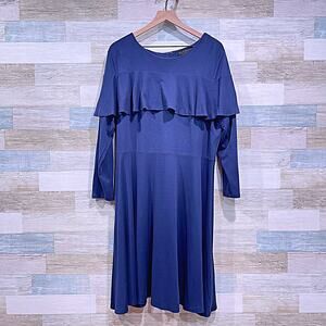 ELOQUII Ruffle Cape Ponte Knit Midi Dress Navy Blue Long Sleeve Career Womens 18